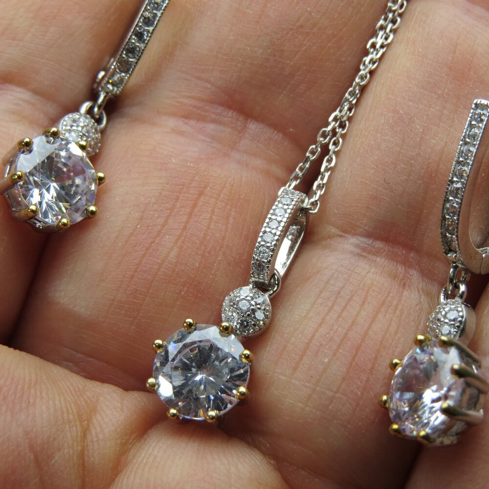 Sterling Silver Diamond Earring Pendant Chain Set